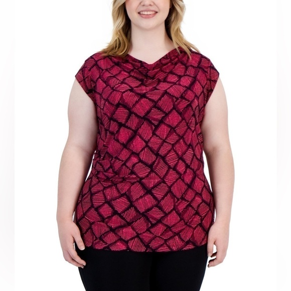 Anne Klein Plus Size Harmony Knit Cap-Sleeve Cowlneck Top SZ 3X AMARANTH MULTI - Picture 1 of 8